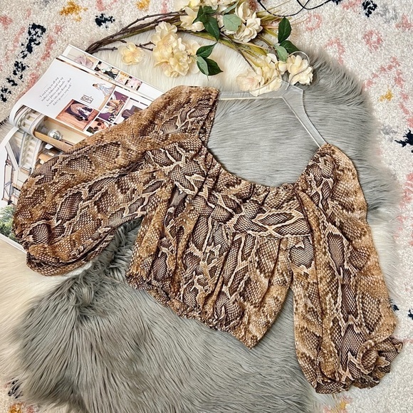 Zara Tan Snake Print Balloon Sleeve Boho Chiffon Tie Front Women’s Blouse Sz L - Picture 1 of 9